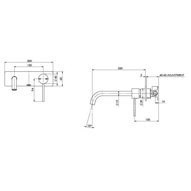 Technical Drawing Phoenix Vivid Slimline SwitchMix Wall/Shower Mixer Matte Black (Complete Kit) VV2800-10 - The Blue Space