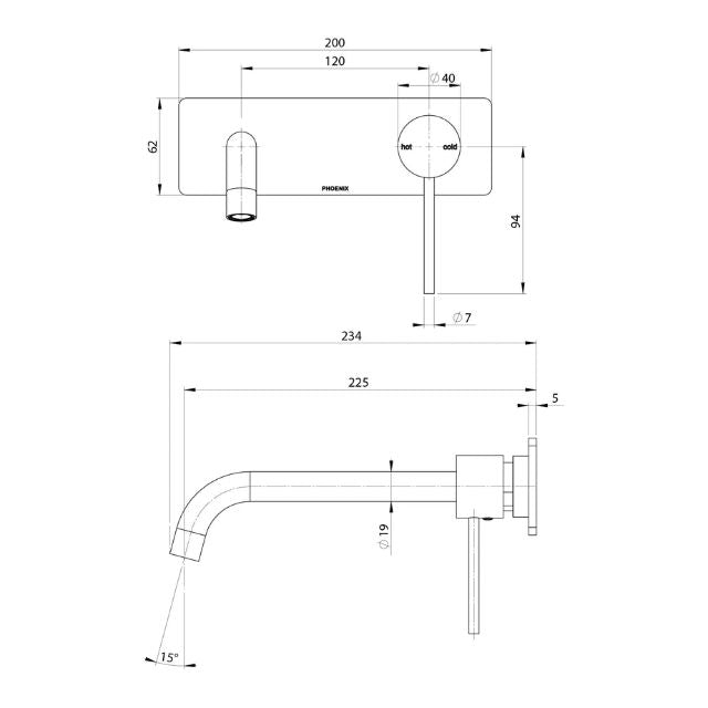Technical Drawing Phoenix Vivid Slimline SwitchMix Wall Basin/Bath Mixer Set 230mm Matte Black (Fit-Off Kit Only) VS2813-10 - The Blue Space
