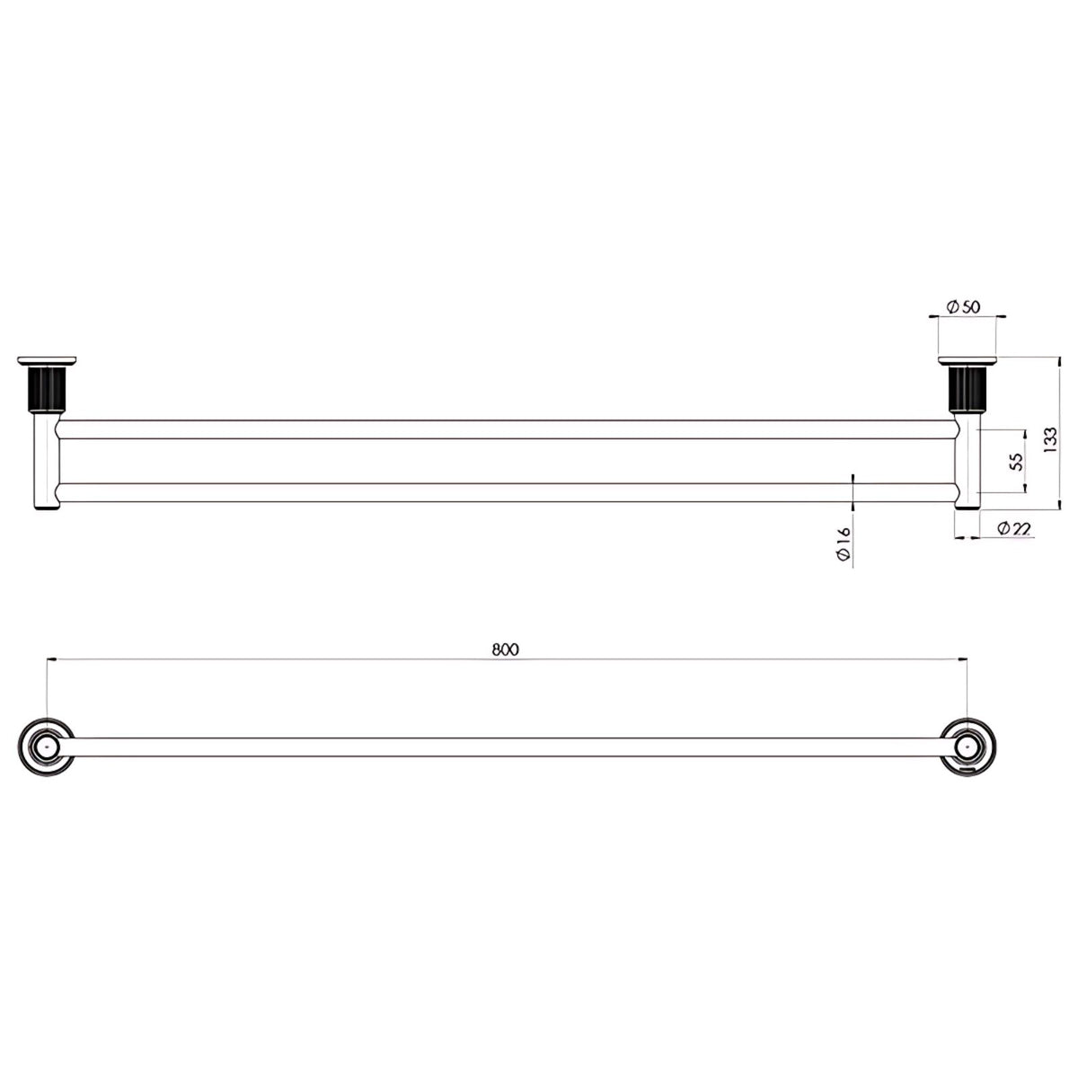 Technical Drawing Phoenix Wiltern Double Towel Rail 800mm Chrome 144-8130-00 - The Blue Space