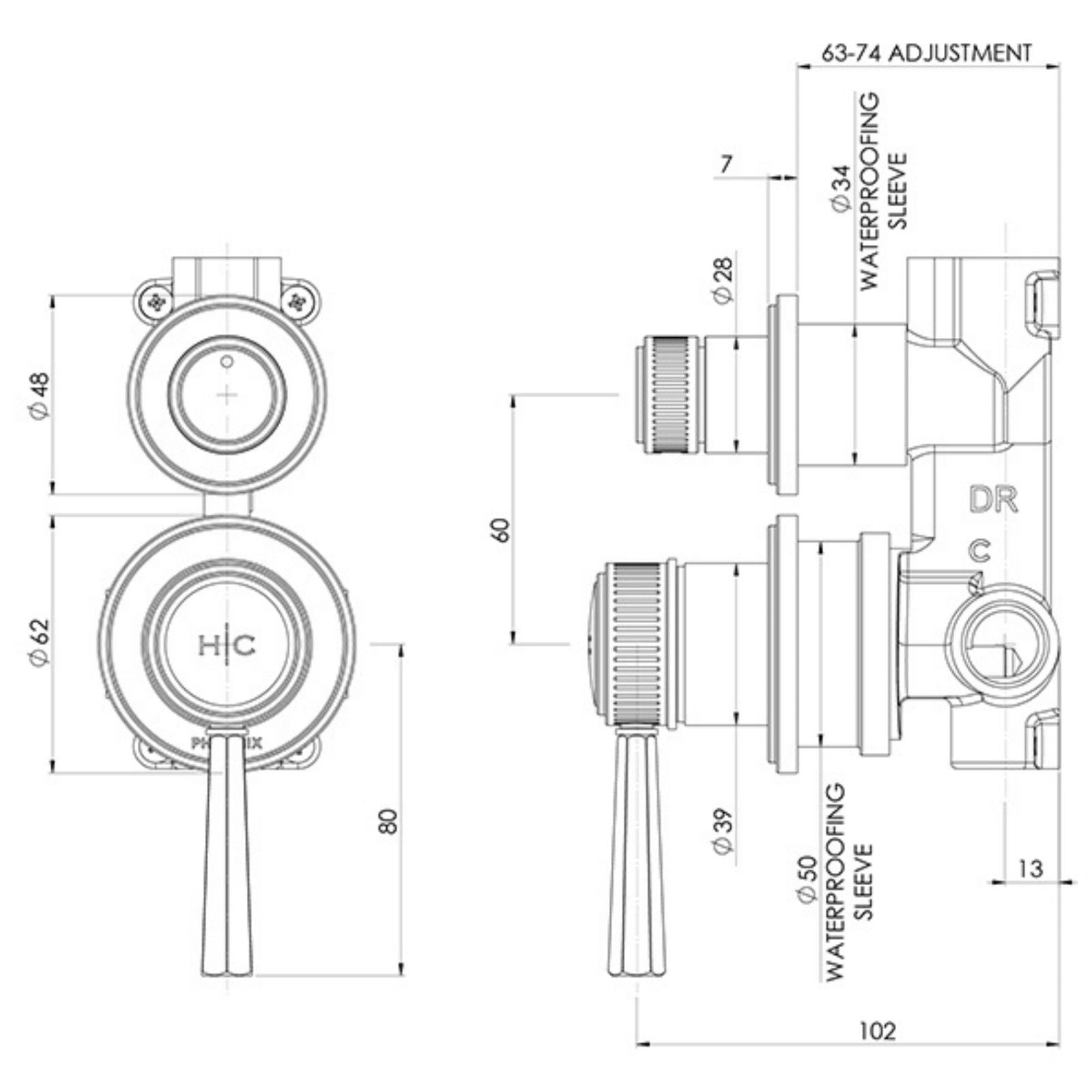 Technical Drawing Phoenix Wiltern SwitchMix Shower / Bath Diverter Mixer (Fit-Off Kit Only) - Brushed Carbon 144-2940-31-1 - The Blue Space