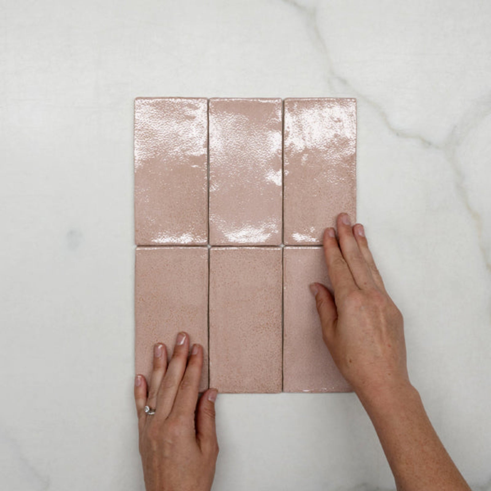 Hero With hand Pink Dianna Hand Made Subway Tile 75 x 150 x 9mm Spanish Ceramic  - The Blue Space