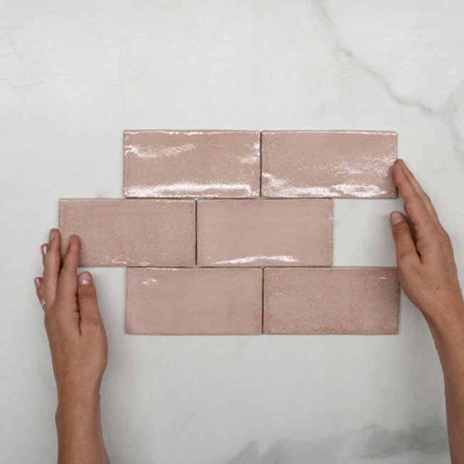 pattern WIth Hand Pink Dianna Hand Made Subway Tile 75 x 150 x 9mm Spanish Ceramic  - The Blue Space