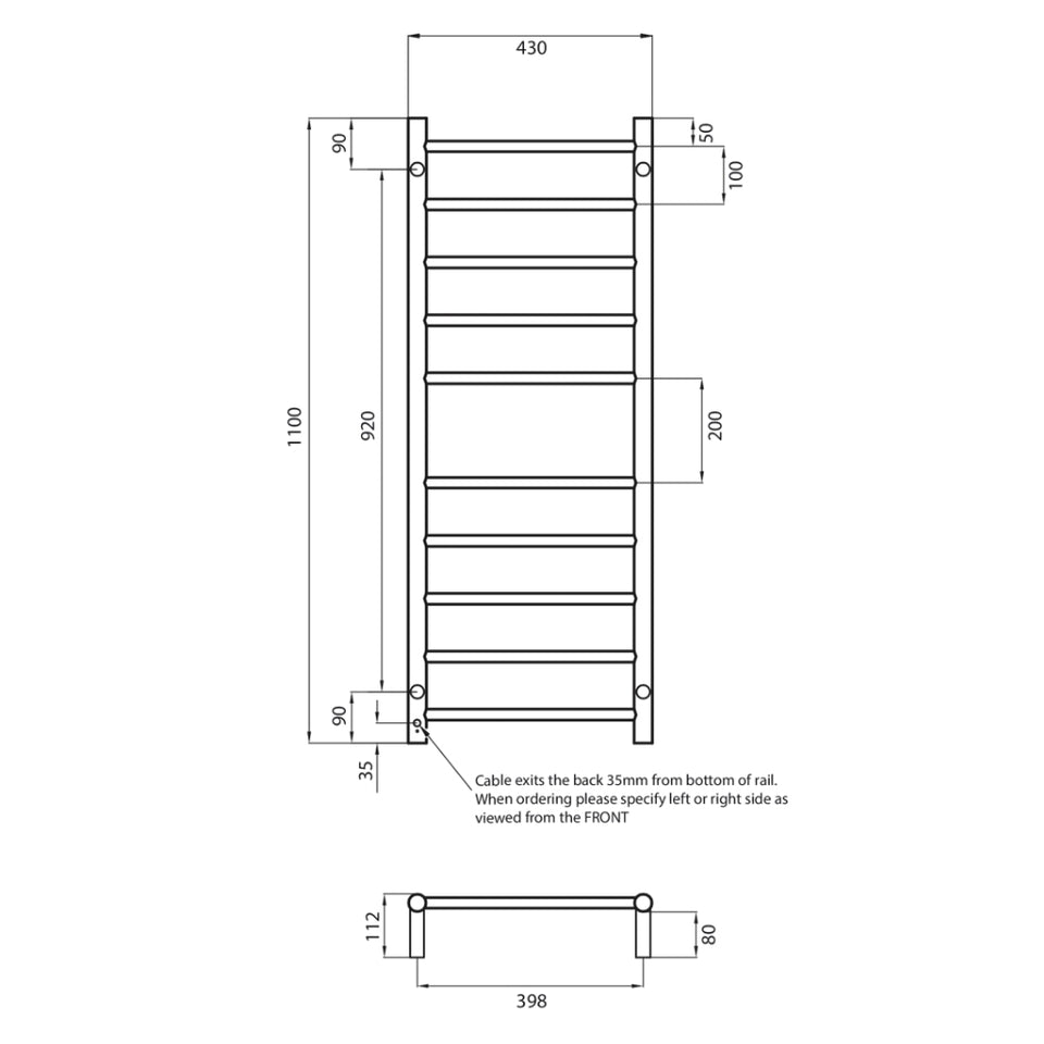 Radiant Heated Round Ladder 430 X 1100 mm COOL Brushed Nickel