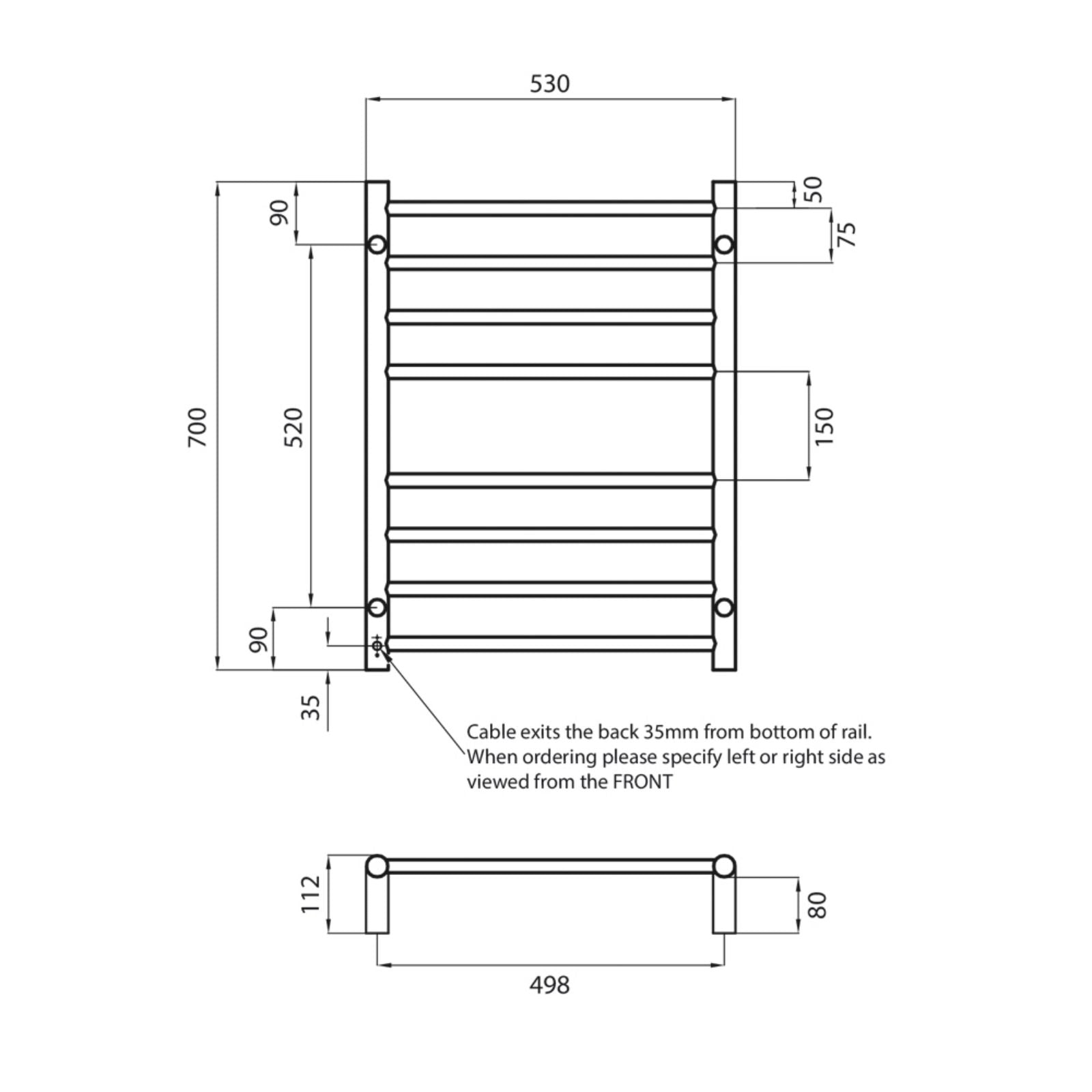 Technical Drawing Radiant Heated Round Ladder 530 X 700mm Brushed Satin BRU-RTR530RIGHT - The Blue Space