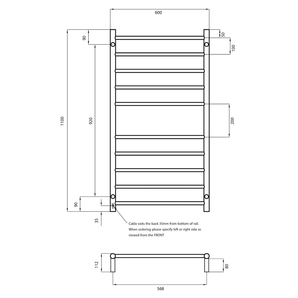 Radiant 10 Bar Round Heated Towel Ladder 600w x 1100h - Brushed Nickel