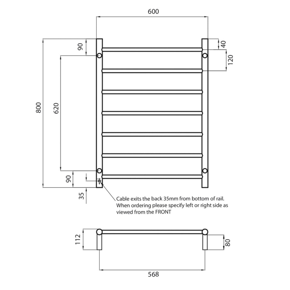 Radiant Round 7 Bar Heated Rail 600mmx800mm Brushed Gold