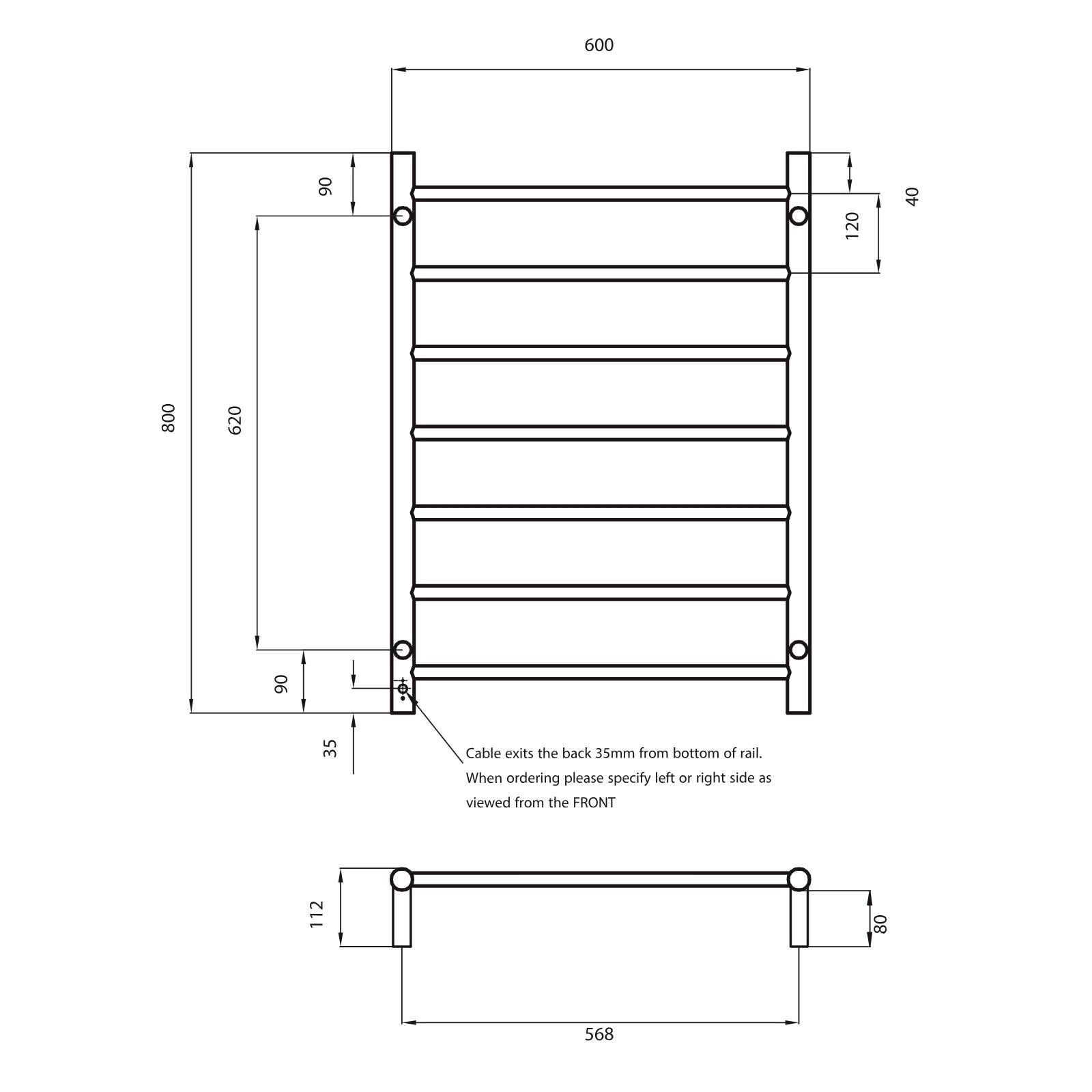 Technical Drawing Radiant Heated Round Ladder 600 x 800mm Brushed Nickel BN-RTR01 - The Blue Space