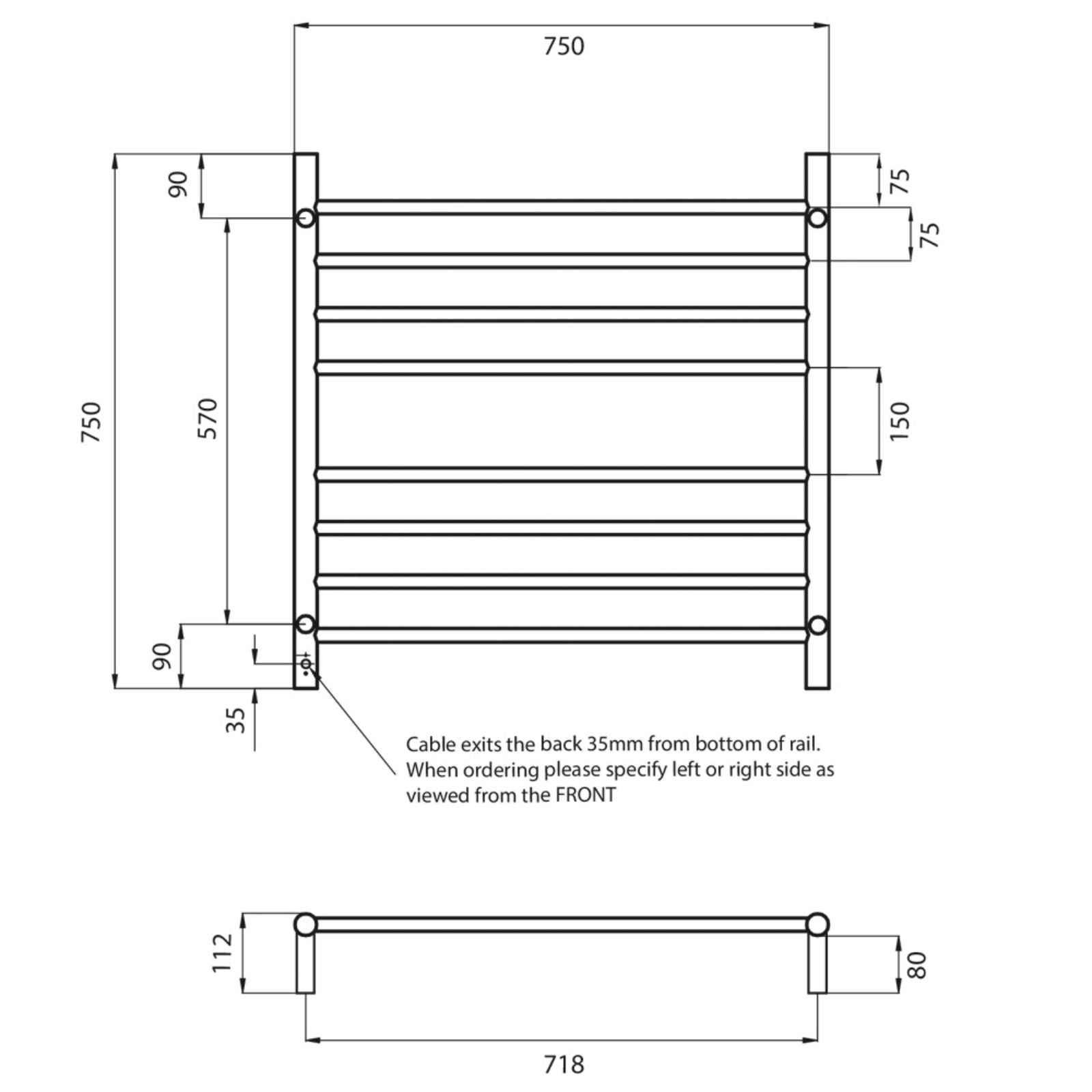 Technical Drawing Radiant Heated Round Ladder 750 X 750mm Brushed Satin BRU-RTR06 - The Blue Space