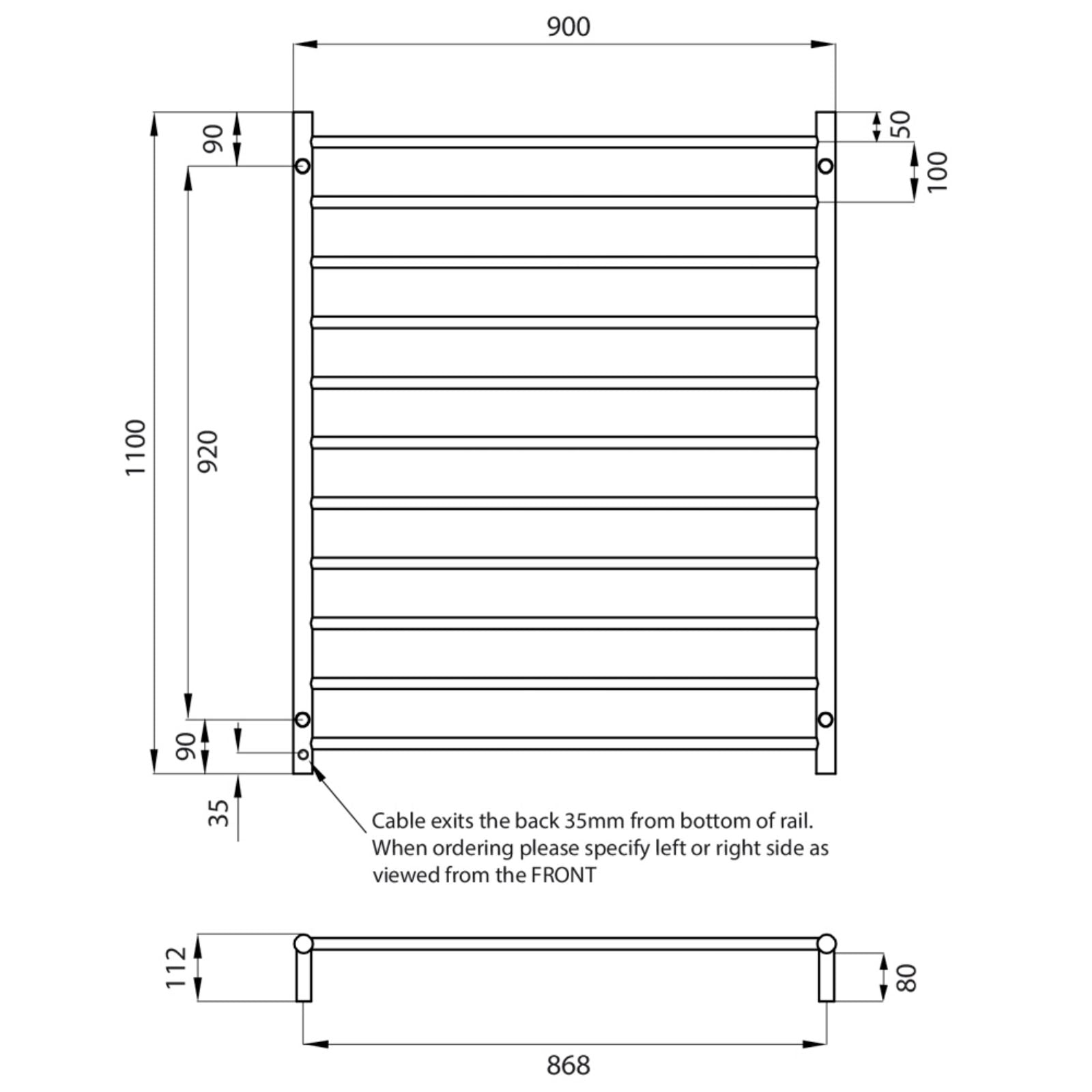 Technical Drawing Radiant Heated Round Ladder 900 X 1100mm Mirror Polished RTR05 - The Blue Space
