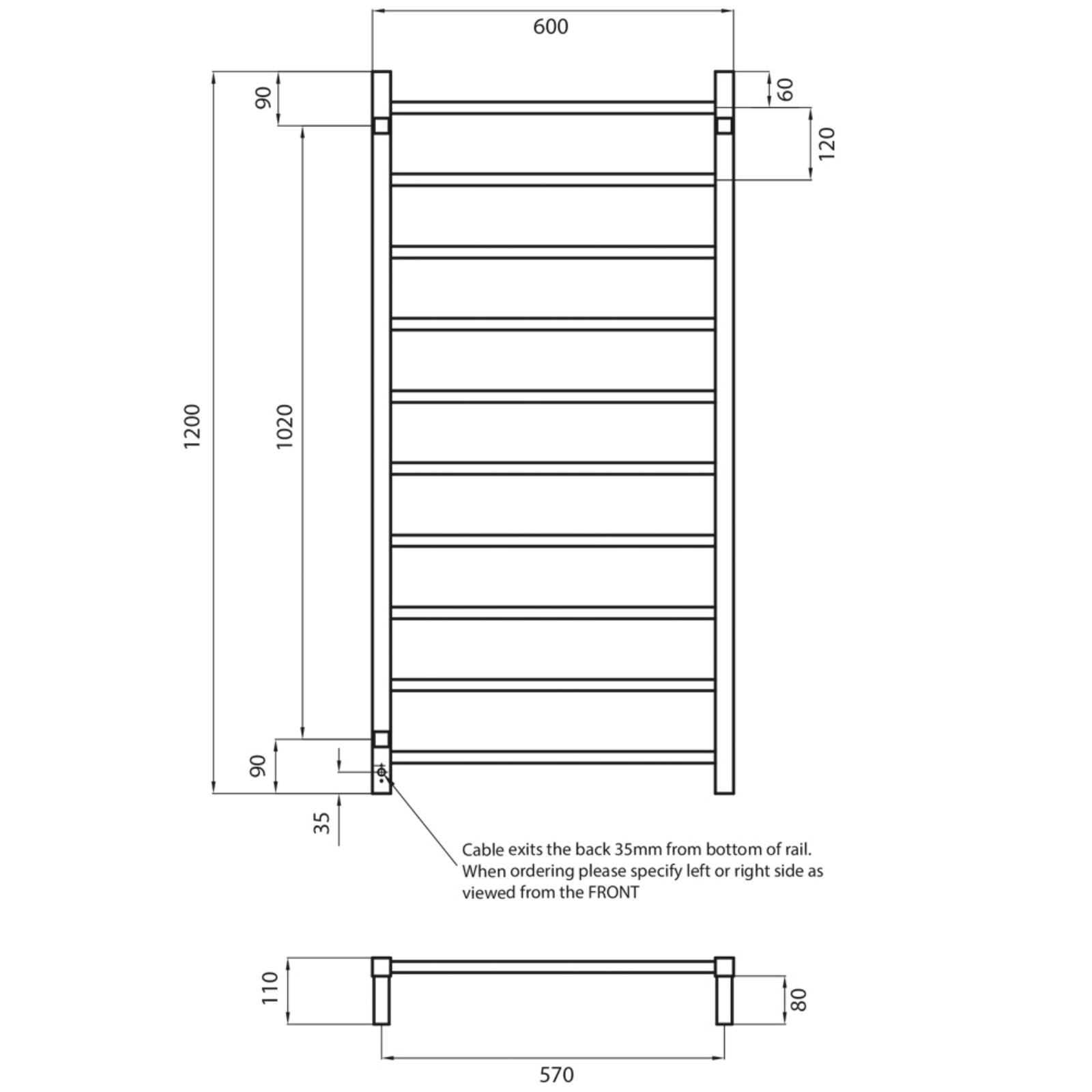 Technical Drawing Radiant Heated Square Ladder 600 X 1200mm Mirror Polished STR02 - The Blue Space