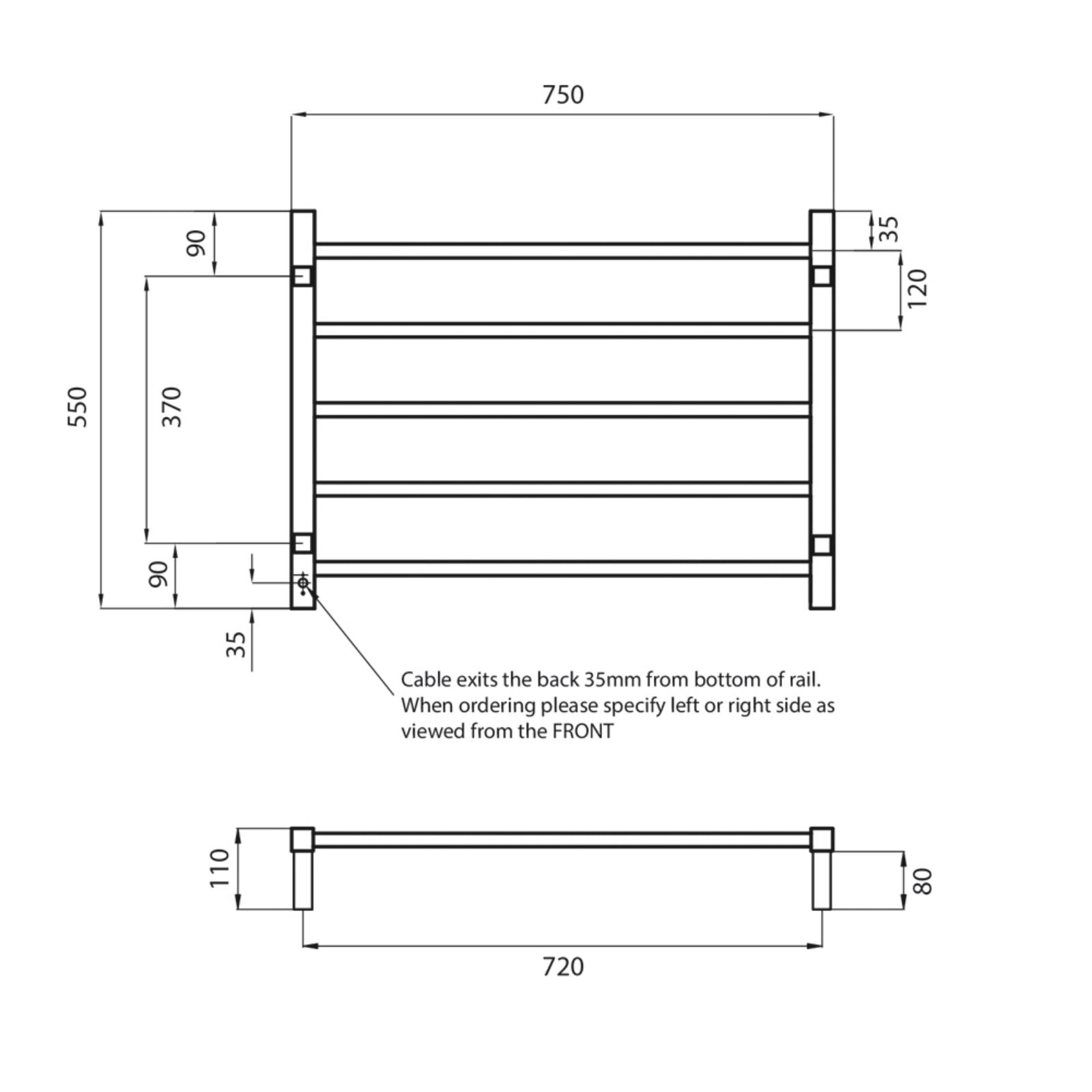 Technical Drawing Radiant Heated Square Ladder 750 X 550mm Matt Black BSTR03LEFT - The Blue Space