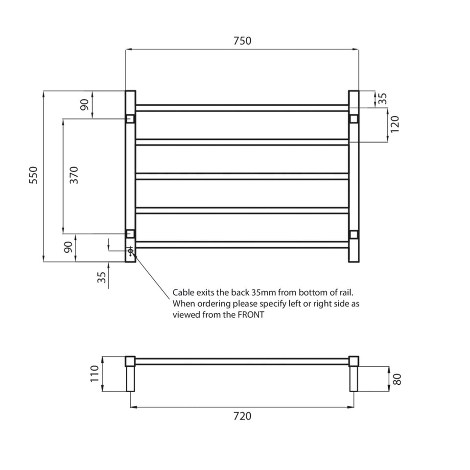 Radiant Square 5 Bar Heated Rail 750mmx550mm Matte Black