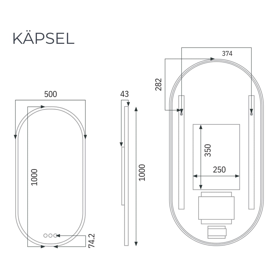 Radiant Kapsel 500mm x 1000mm LED Mirror - Black