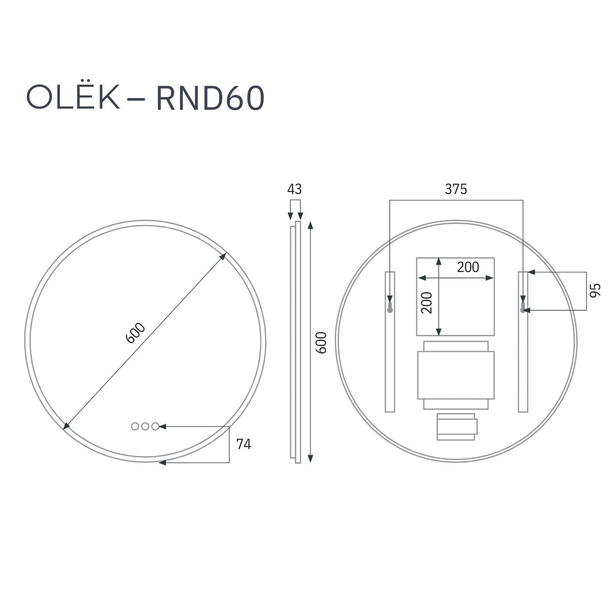 Radiant Olek LED Mirror 600mm - 900mm - Black BLKRND60 - The Blue Space