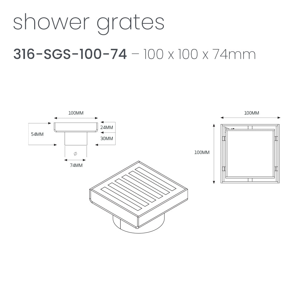 Technical Drawing Radiant Square Slotted Floor Grate (Gun Metal Grey) 100mm x 100mm (74mm Outlet) 316-GMG-SGS-100-74 - The Blue Space