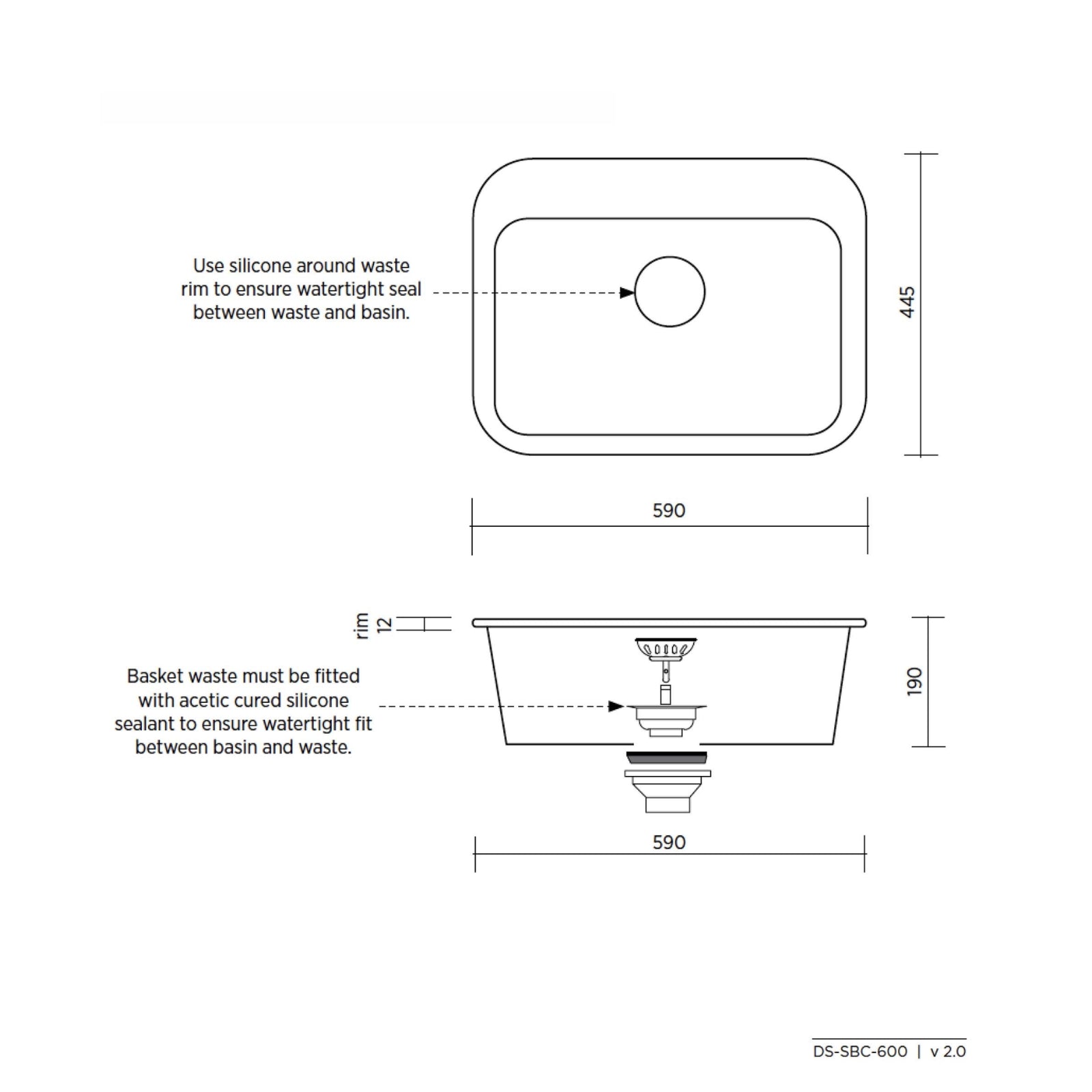 Technical Drawing Seima Eva 600 Ceramic Laundry Sink 23L - Includes Overflow and 1 Taphole 191940 - The Blue Space