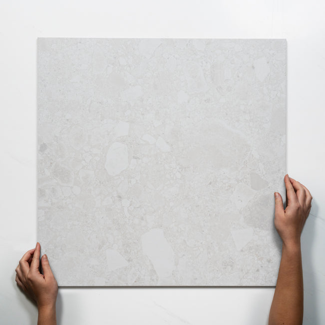 Single with Hand Southside White Terrazzo Matte Porcelain Tile P3 600mm x 600mm 6STUWHM - The Blue Space