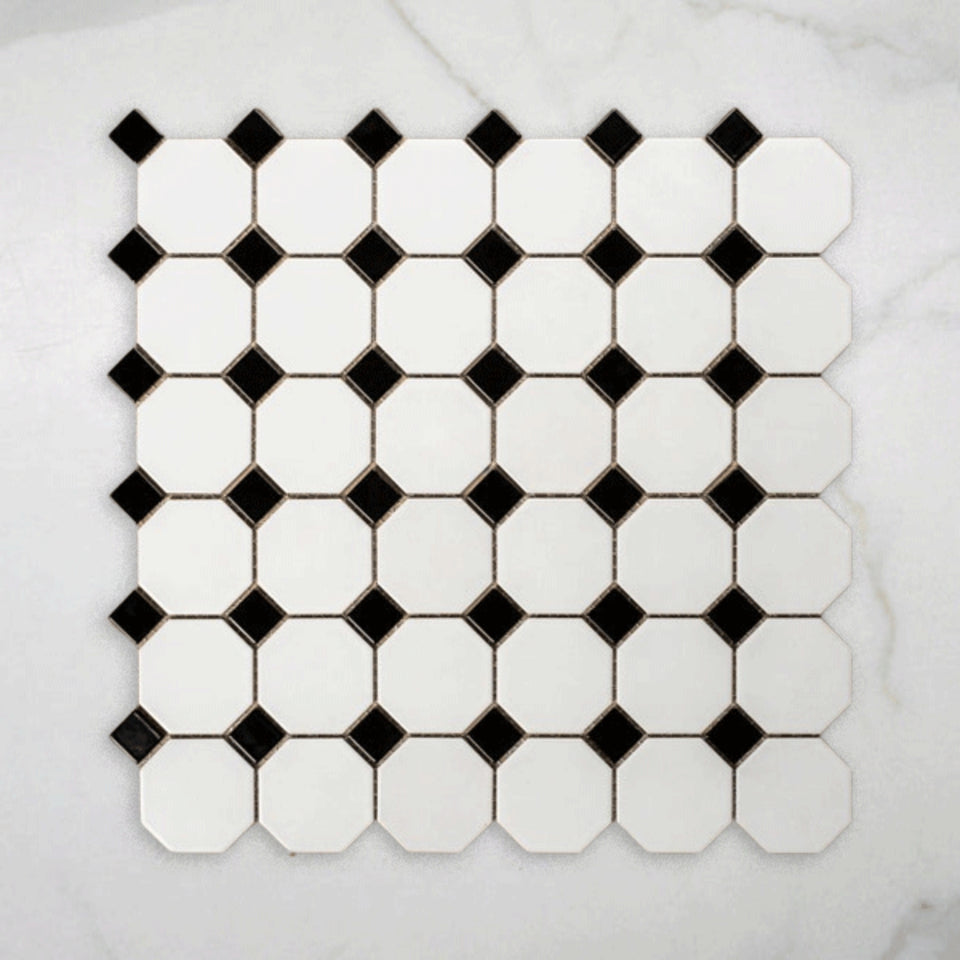 St Kilda Matt White Octagon with Black Dot Porcelain Period Mosaic Tile 97x97mm