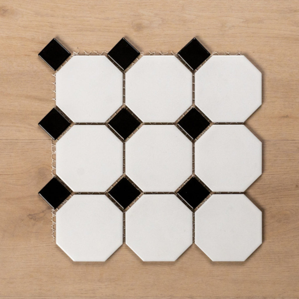 St Kilda Matt White Octagon with Black Dot Porcelain Period Mosaic Tile 97x97mm - Image 1