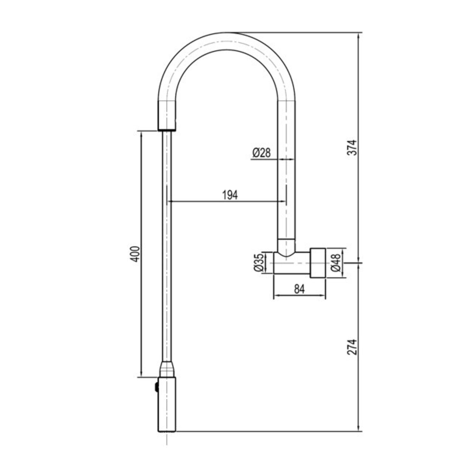 Technical Drawing Suprema Retractable Wall Spout - Matt Black SUP800RLS_MB - The Blue Space