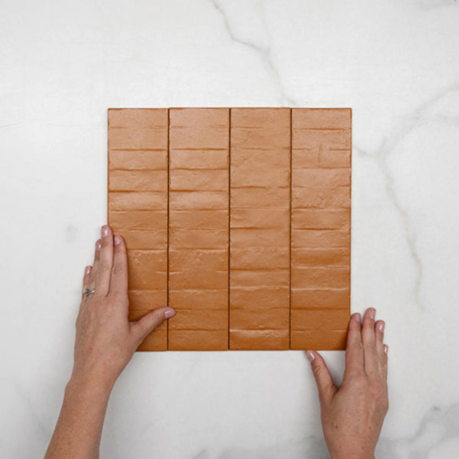 Faces With Hand Tan Olivia Feature Subway Matte 75 x 300mm Porcelain  - The Blue Space