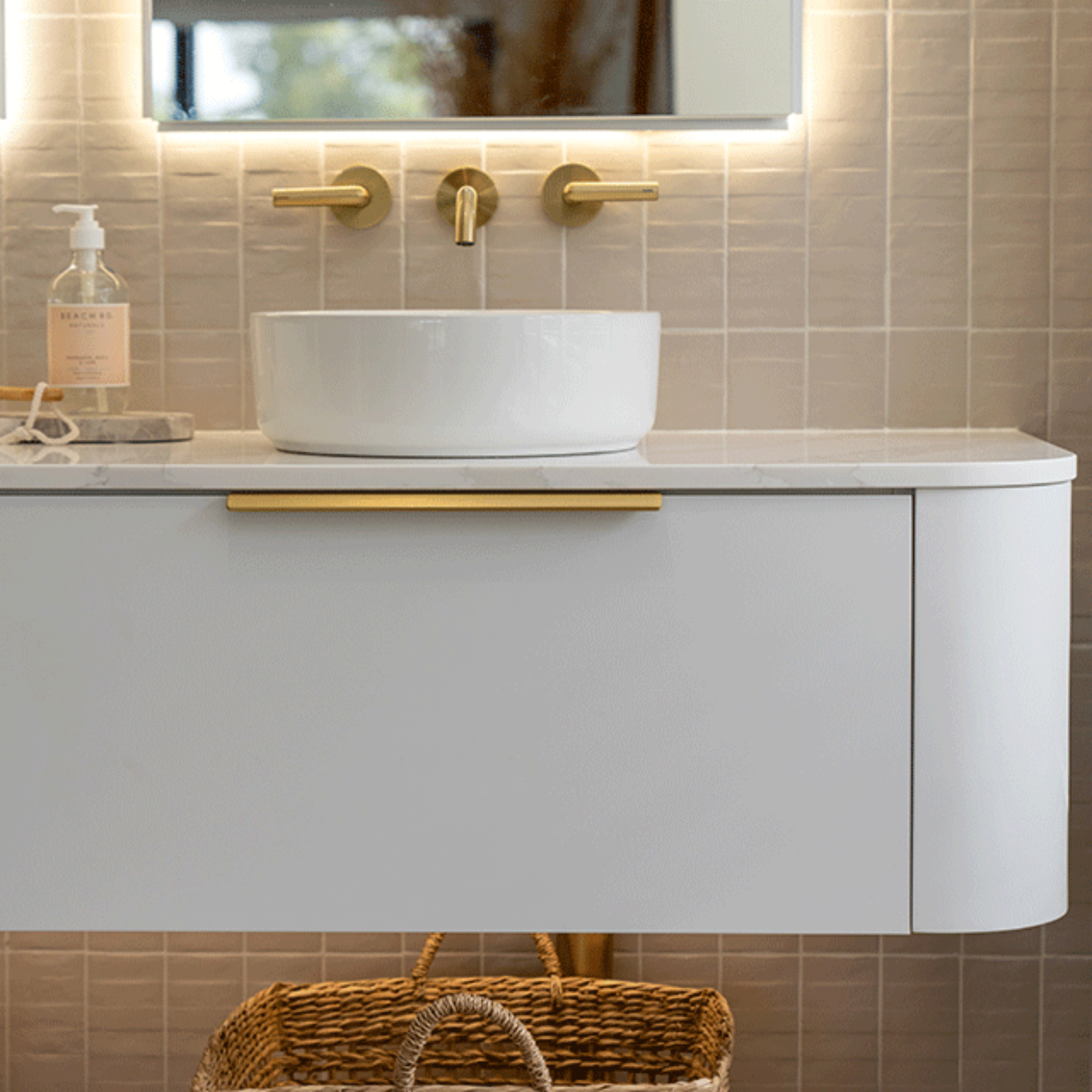 Lifestyle 01 Taupe Olivia Feature Subway Matte 75 x 300mm Porcelain  - The Blue Space