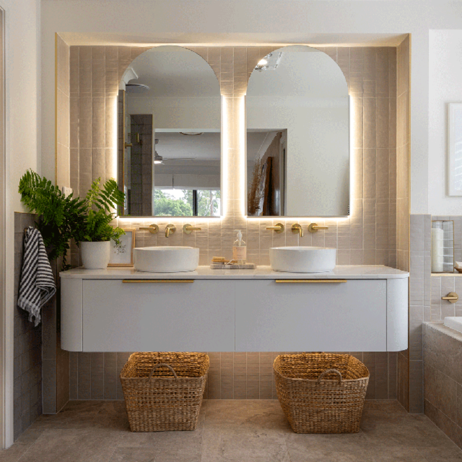 Lifestyle 04 Taupe Olivia Feature Subway Matte 75 x 300mm Porcelain  - The Blue Space