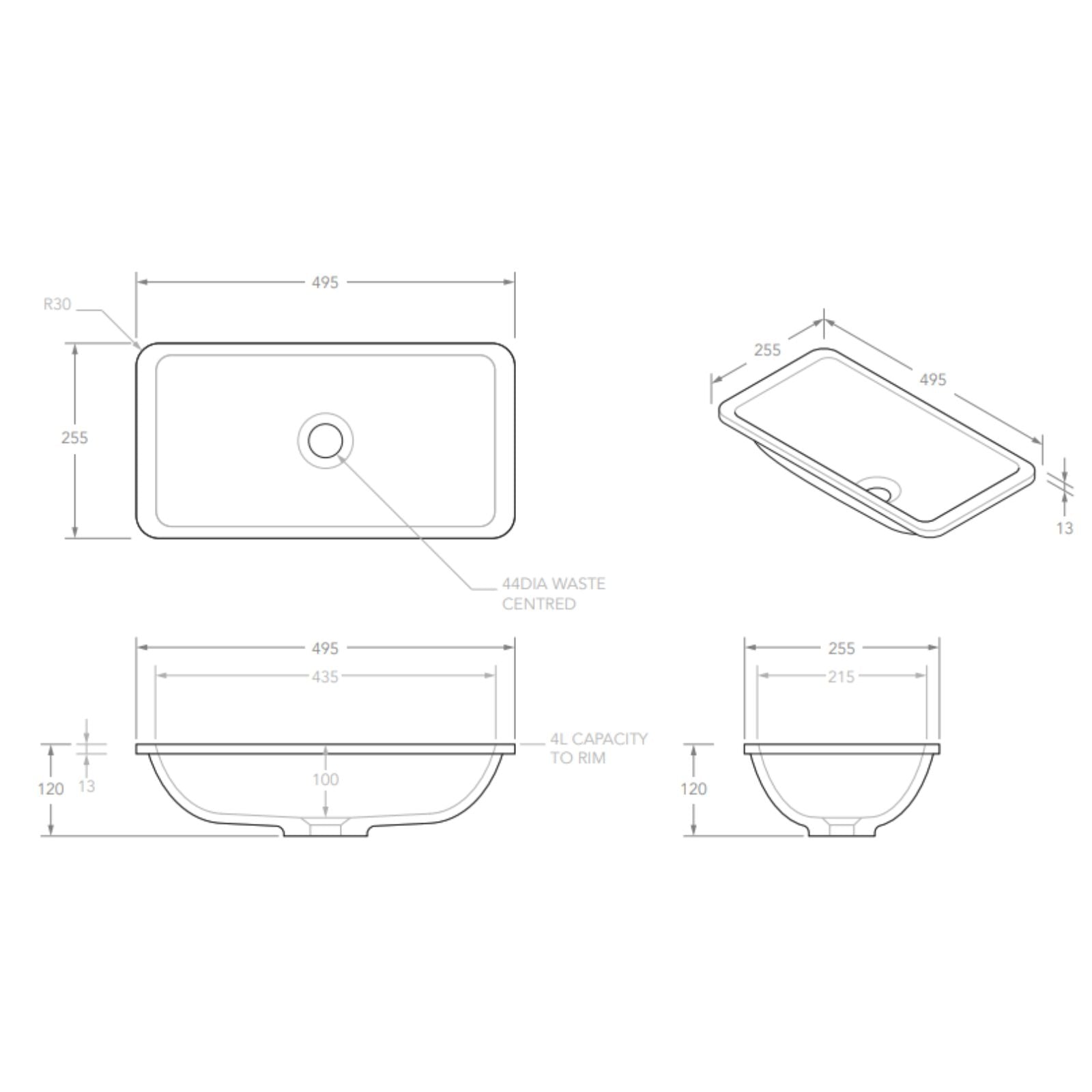 ADP Hope Solid Surface Under Counter Basin product line drawings