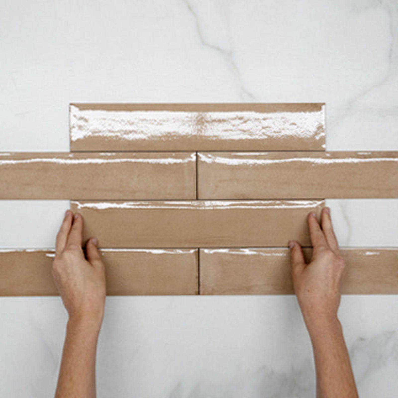 Pattern With Hand Terracotta Theo Subway Tile 75 x 400mm Italian Porcelain  - The Blue Space