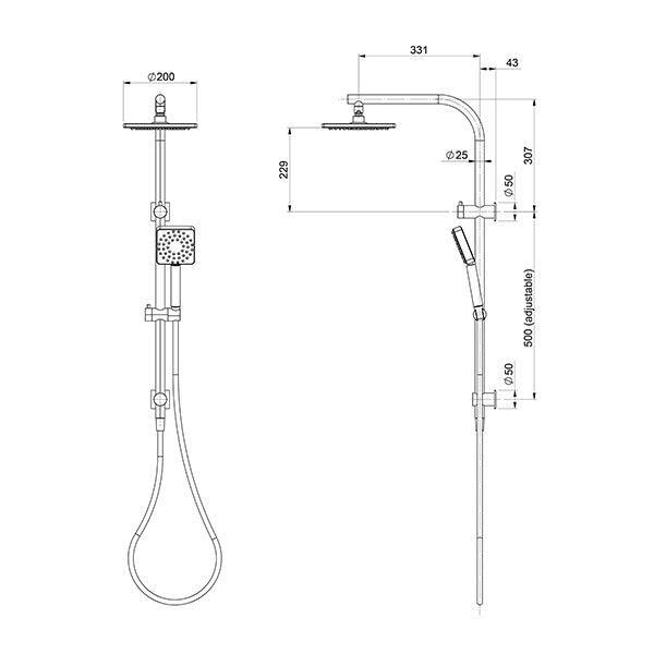 Phoenix Enviro316 Marine Grade Stainless Steel Twin Rail Shower technical drawing -  The Blue Space