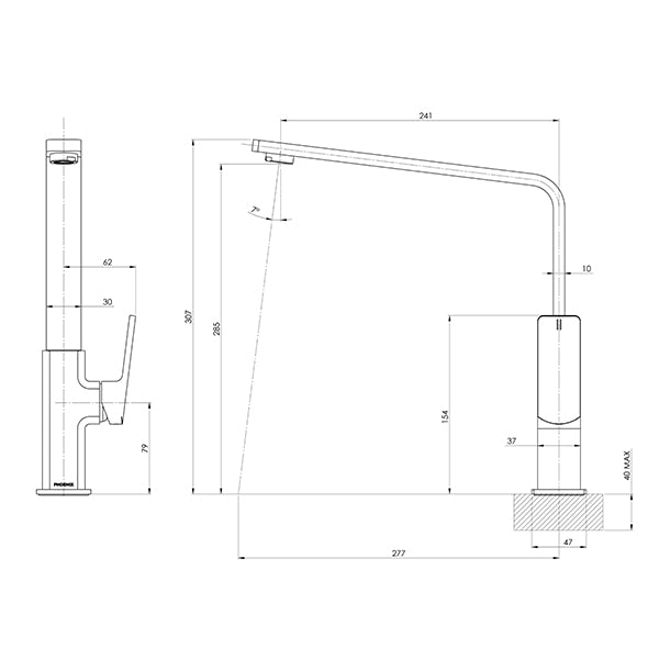 Phoenix Enviro316 Sink Mixer Technical Drawing - The Blue Space