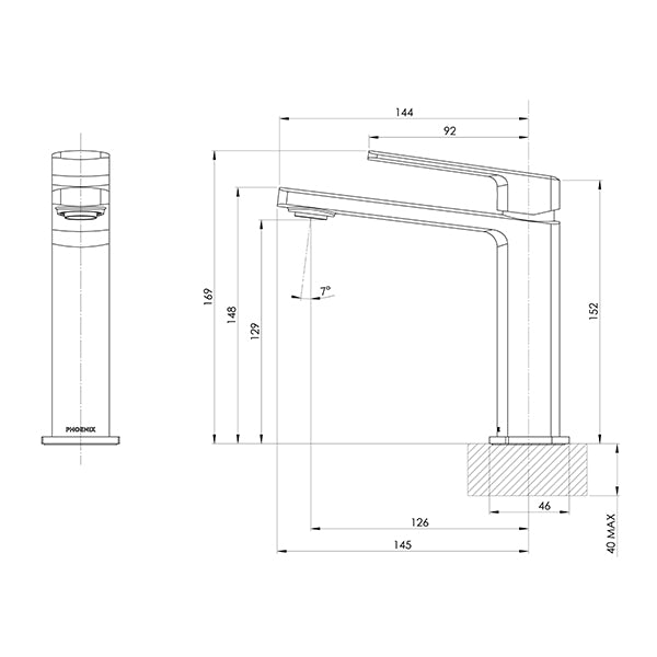 Phoenix Enviro316 Marine Grade Stainless Steel Basin Mixer Technical Drawing -  The Blue Space