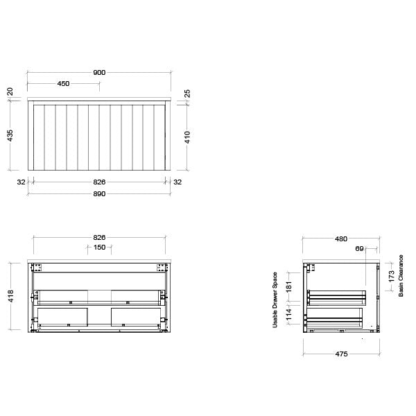 Timberline Saba Wall Hung Vanity 900mm Technical Drawing - Online at The Blue Space