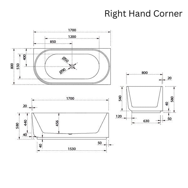Baö Elegant 1700mm Right Back to Corner Bath - line drawing - The Blue Space