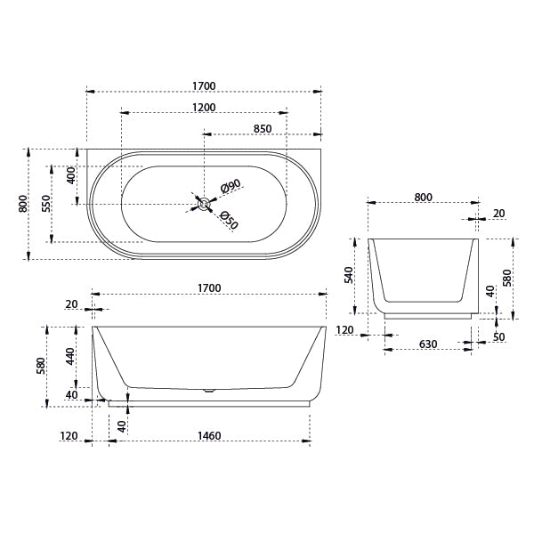 Baö Elegant 1700mm Back to Wall Bath - line drawing - The Blue Space