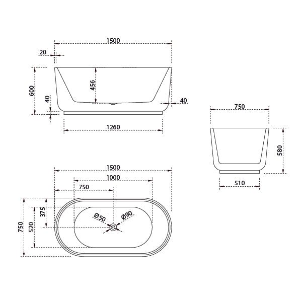 Baö Elegant 1500mm Freestanding Bath - line drawing - The Blue Space