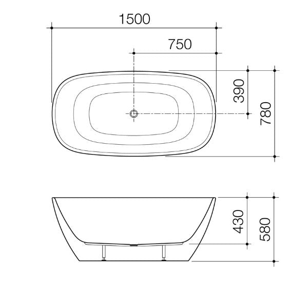 Technical Drawing Caroma Contura II 1500mm Freestanding Bath - Matte Clay CII5FSMC - The Blue Space