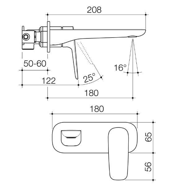 Technical Drawing Caroma Contura II 180mm Wall Basin/Bath Mixer - Brushed Nickel 849051BN6AF