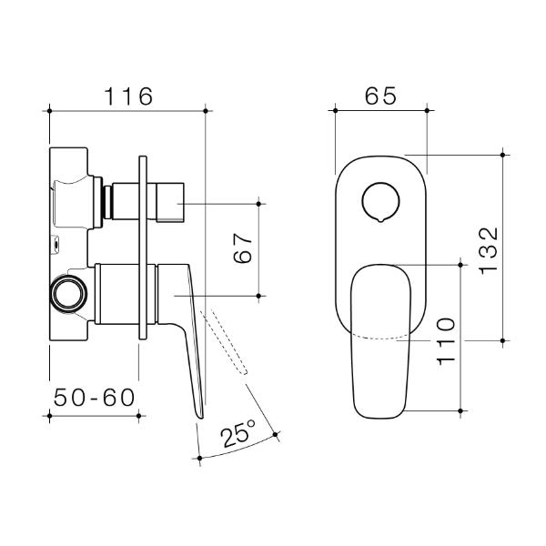 Technical Drawing Caroma Contura II Bath/Shower Mixer with Diverter - Brushed Nickel 849057BN