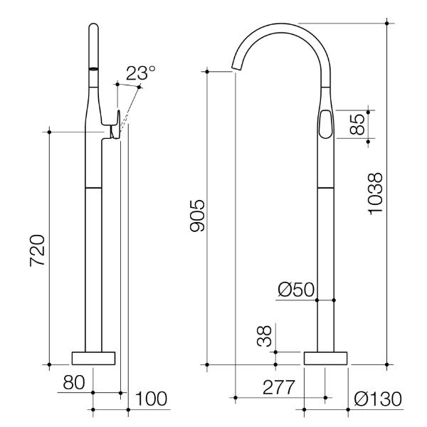 Technical Drawing Caroma Contura II Freestanding Bath Filler - Chrome 849065C