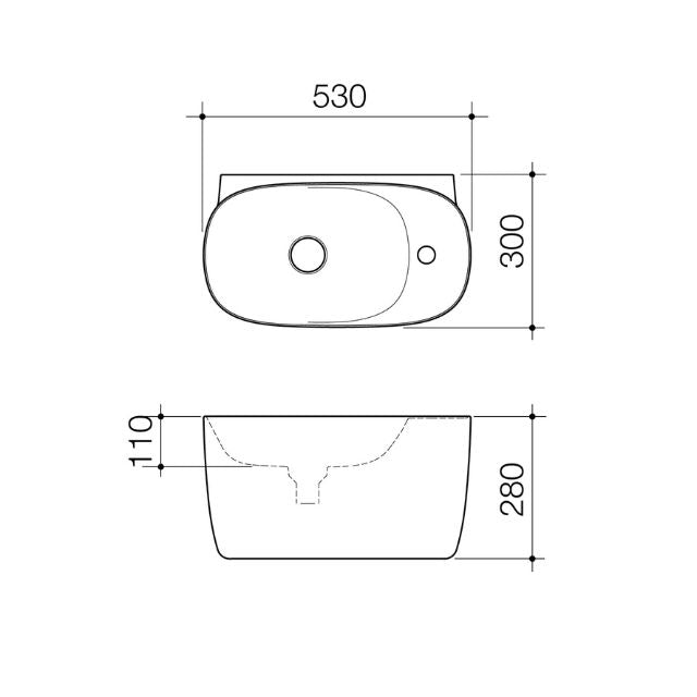 Technical Drawing Caroma Contura II Pill Hand Wall Basin (1 Tap Hole) - White 853710W - The Blue Space
