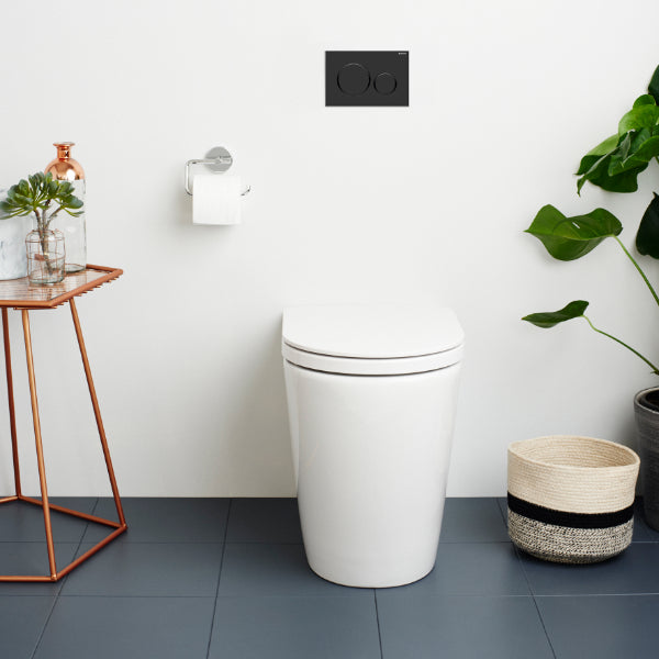 Caroma Liano Easy Height Cleanflush Toilet Suite with Geberit Sigma 8 In Wall Cistern. Pictured with black Geberit Concealed Cistern Buttons in Modern Bathroom - The Blue Space
