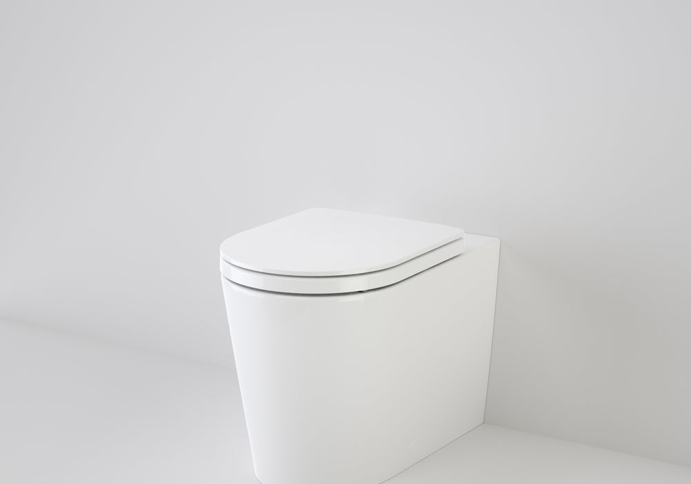 Caroma Liano Wall Face Toilet Suite with Geberit Sigma 8 In-Wall Cistern. Pictured with Geberit Concealed Cistern Buttons in White - The Blue Space