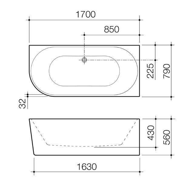 Technical Drawing Caroma URBANE II 1700 Left Hand Corner Back To Wall Bath UII7LHCW - The Blue Space