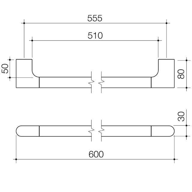 Technical Drawing Caroma Urbane II Universal Rail Straight 600mm - Brushed Nickel 96325BN - The Blue Space