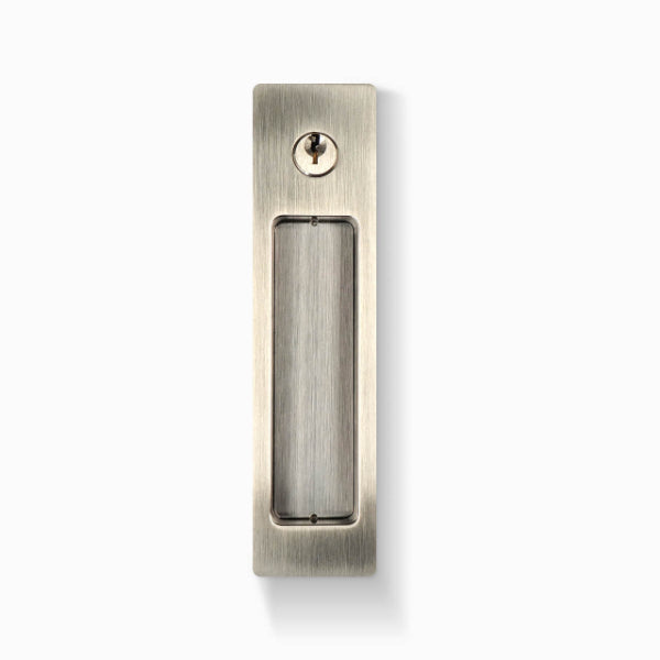 Delf Rectangular Cavity Slider Door Handle Lockable Entrance Door Handle Set Satin Nickel