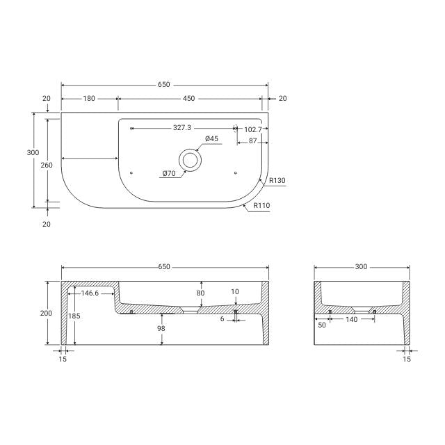 Fienza Blanca Concrete Wall Hung Basin Rh Bowl 650x300x200mm Warm Grey