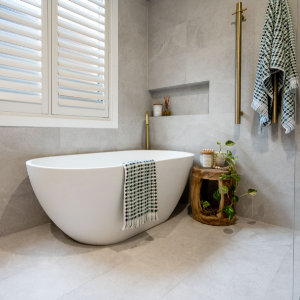 Fienza Nero 1400mm Matte White Stone Bath at The Blue Space Real Reno