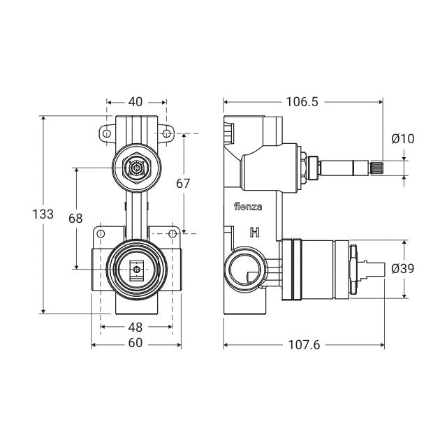 Technical Drawing Fienza Quik-Switch Universal Wall Diverter Mixer Vertical Body Stainless Steel Lead Free 230010-SS - The Blue Space