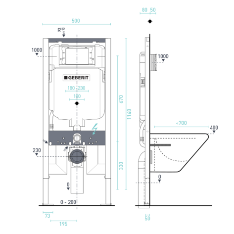 Geberit Duofix Sigma 8 Cistern and Frame Wall Hung Toilet Suite Technical Drawing